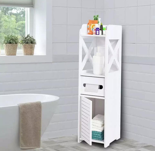 Floor Standing Storage Cabinet | Waterproof PVC | Bathroom & Toilet Rack | 80x20x18cm|Tissue Drawer|Bathroom Organization|Tissue Holder|Storage Shelves