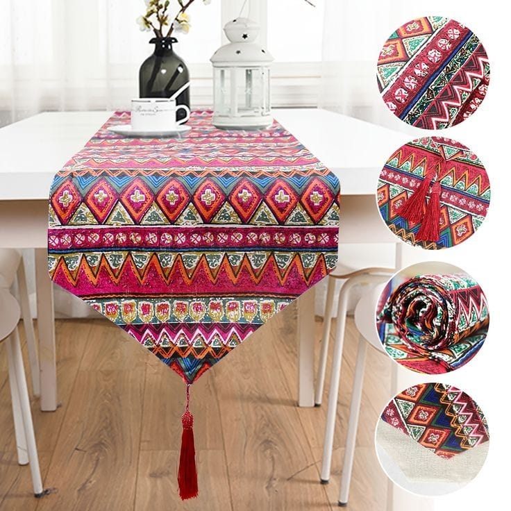 Tribal Table Runner | Cotton & Linen Fabric | 33x240 cm | Stylish Accent for Dining Area|Dining Table Decor