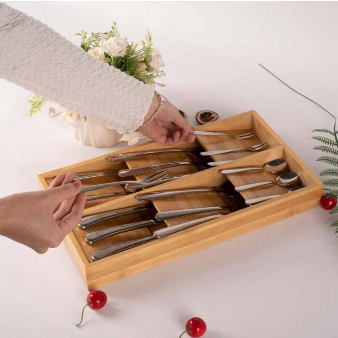 6 Slot Bamboo Cutlery Organizer | Eco Friendly Kitchen Drawer Organizer