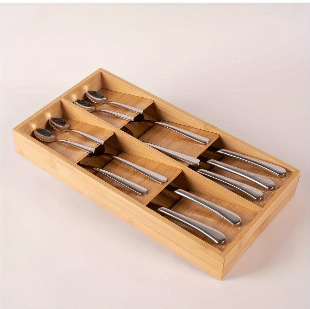 6 Slot Bamboo Cutlery Organizer | Eco Friendly Kitchen Drawer Organizer