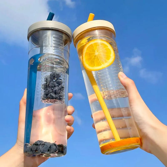 Cute 700ML Water Bottle with Foldable Straw | Portable Fruit Tea Infuser Cup | Built-in Filter for Outdoor & Office Use