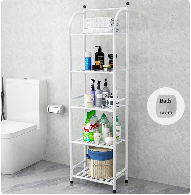 Multifunctional 5 Layered  Metal Plastic Plate Storage Holder Rack | Bathroom Toilet Storage Shelf | Black and White