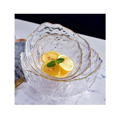 Transparent Salad Bowl with Gold Rim | Crystal Glass Storage Container | Elegant Tableware Set for Snacks and Desserts