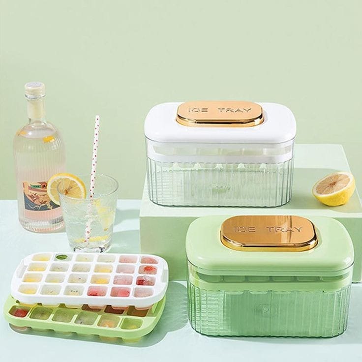 Food Grade Stackable Ice Cube Tray with Press Function, Storage Box, Scoop, and Lid | Hygienic & Easy Release Design | Perfect for Summer Drinks