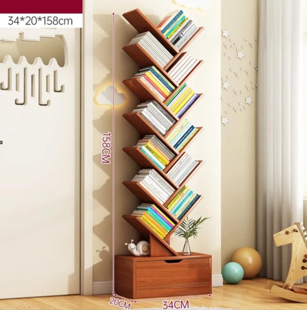 Tree Bookshelf with Lower Drawer | Bamboo Design | Dark Brown & White Finish | H 158 cm x D 34 cm x W 20 cm