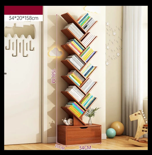 Tree Bookshelf with Lower Drawer | Bamboo Design | Dark Brown & White Finish | H 158 cm x D 34 cm x W 20 cm