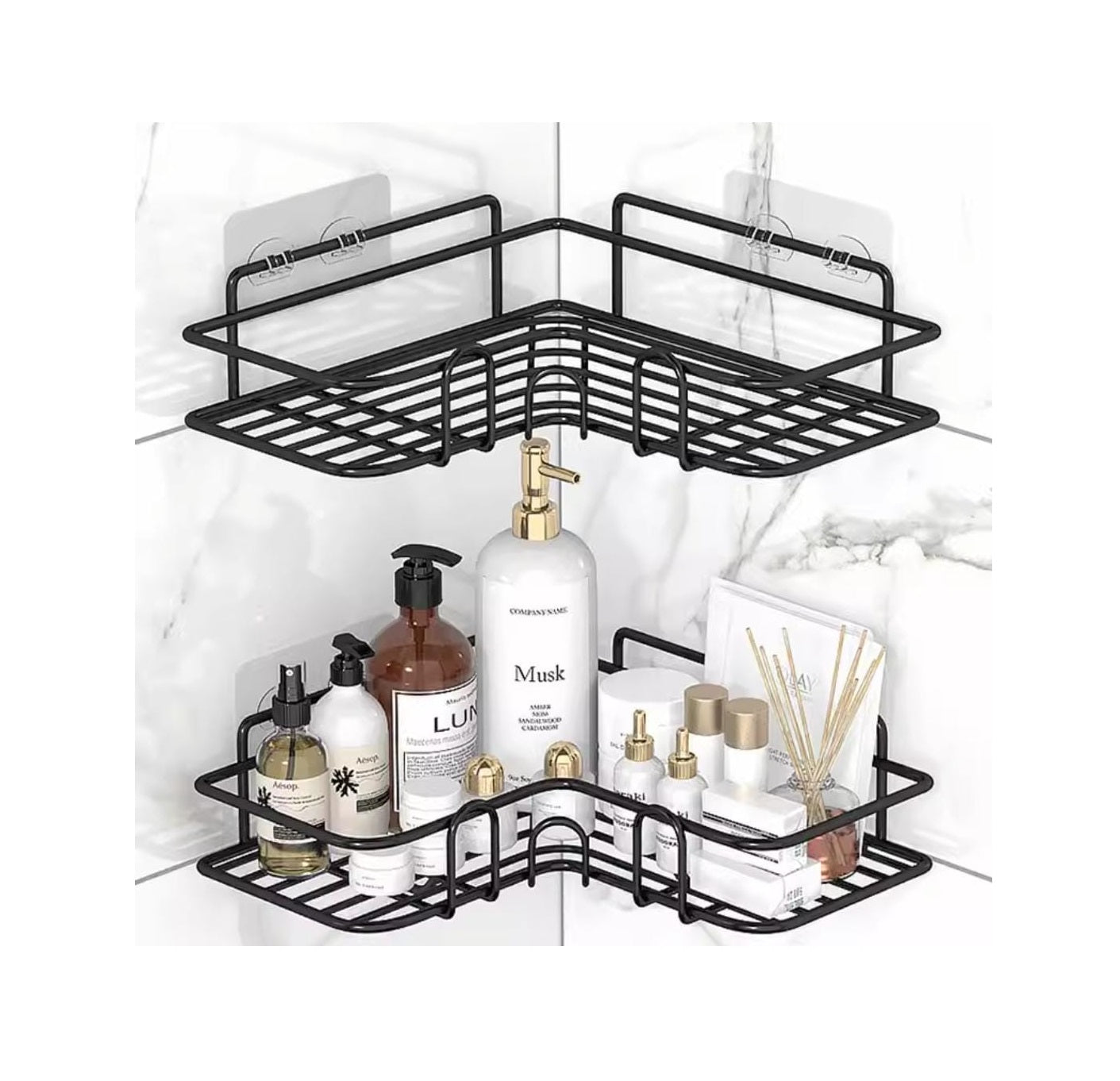 Metallic Corner Triangular Bathroom/Kitchen Organizer | Space Saving Storage with Double Hook Adhesive Stickers | Available in White & Black