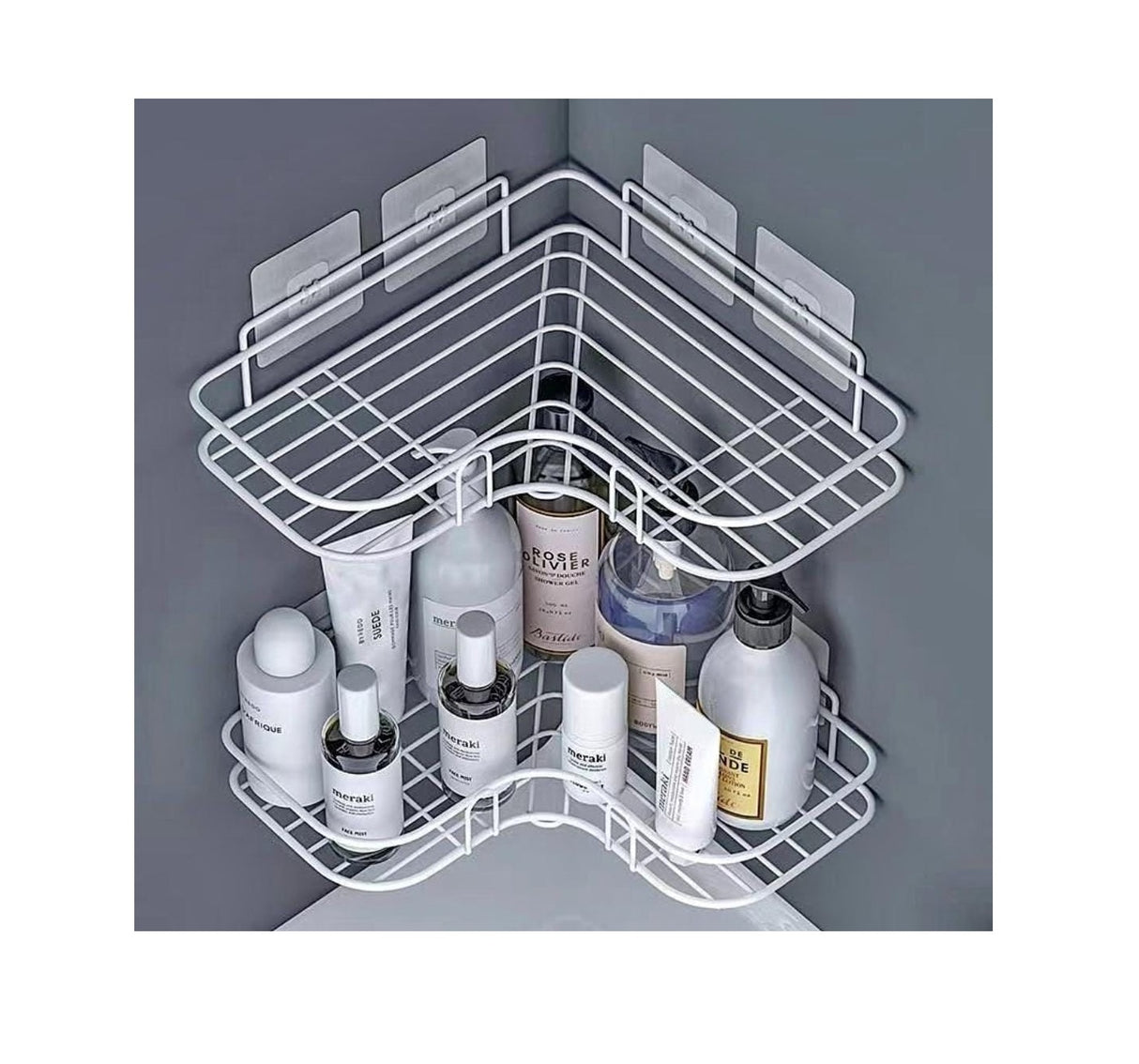 Metallic Corner Triangular Bathroom/Kitchen Organizer | Space Saving Storage with Double Hook Adhesive Stickers | Available in White & Black