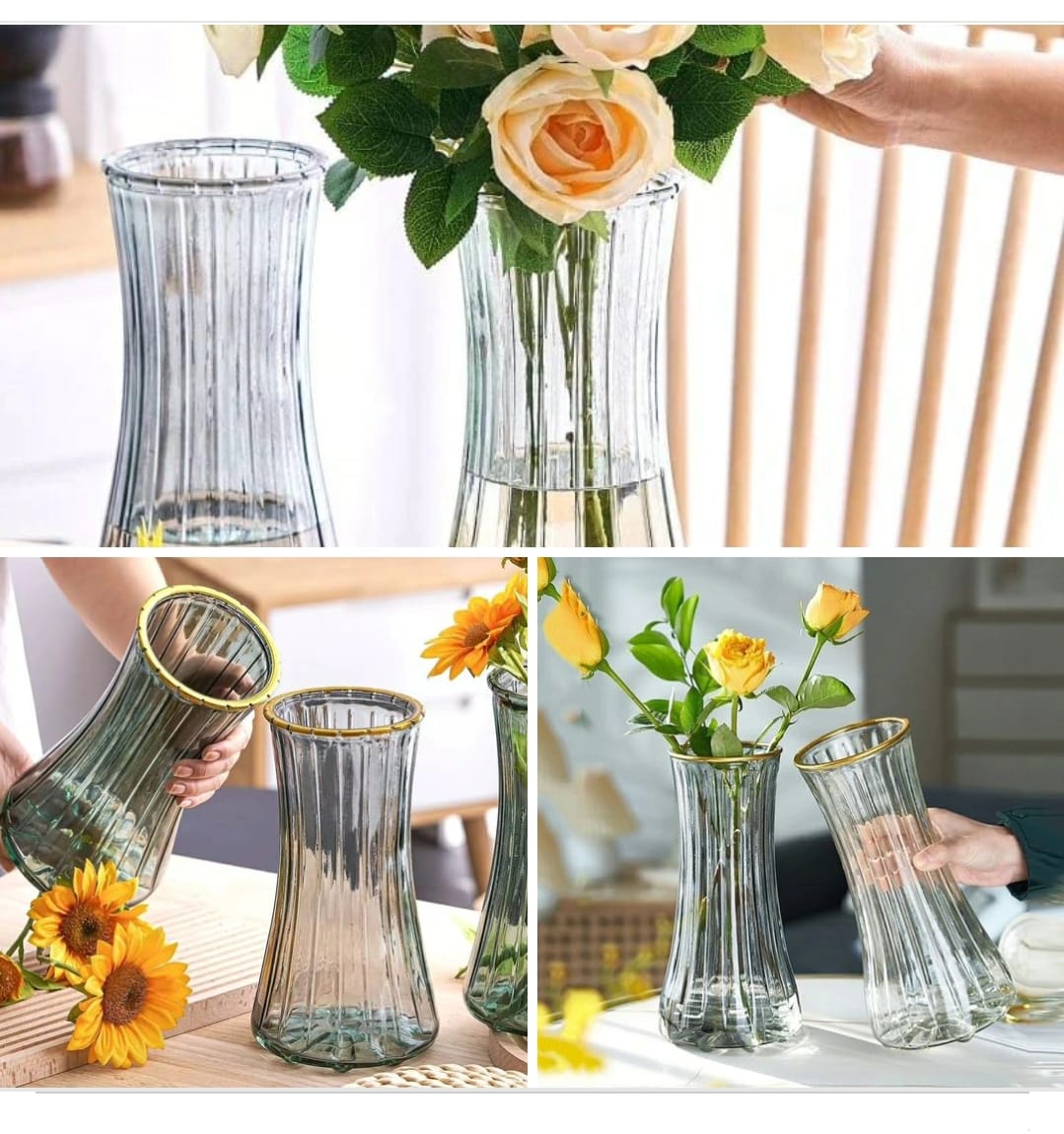 1pc Elegant Striped Hard Glass Flower Vase | Decorative Vase for Home & Office