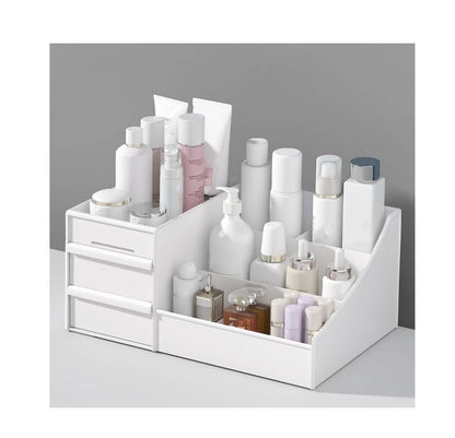 Multipurpose Makeup Organizer with Drawers | Cosmetics & Skincare Storage for Vanity Desk | Hard Plastic, White