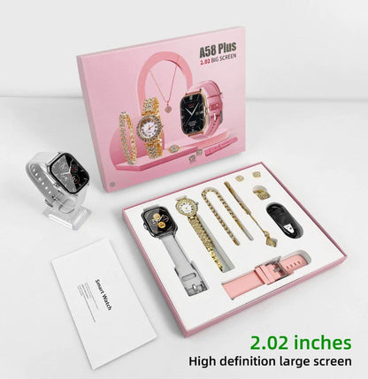 Ladies Gift Set | A58 Plus Smart Watch & Jewelry Combo with Interchangeable Straps | Necklace, Bracelet, Ring, Earrings | Black, PPink, Grey