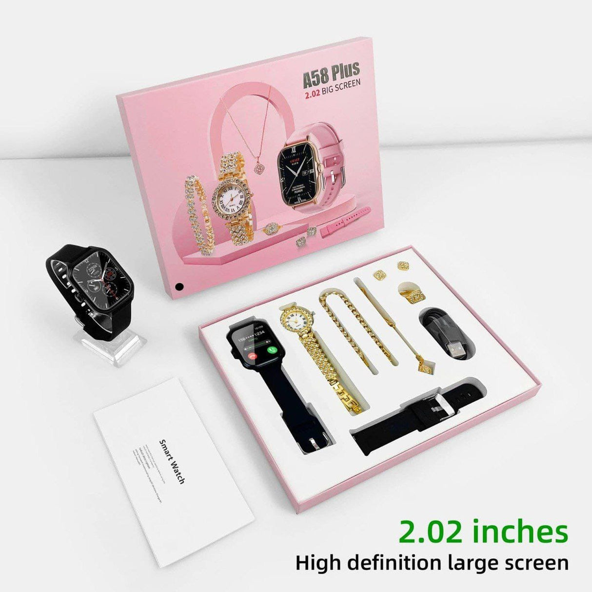 Ladies Gift Set | A58 Plus Smart Watch & Jewelry Combo with Interchangeable Straps | Necklace, Bracelet, Ring, Earrings | Black, PPink, Grey