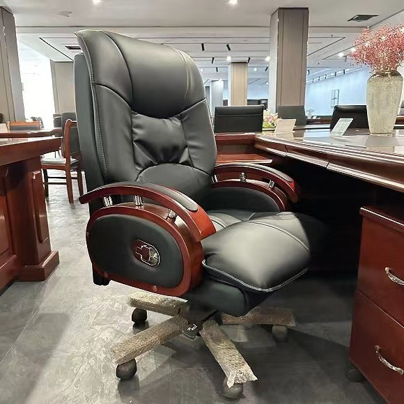 Luxurious Executive Recliner Office Chair |High Quality Black Leather CEO Boss Chair with Wooden Frame