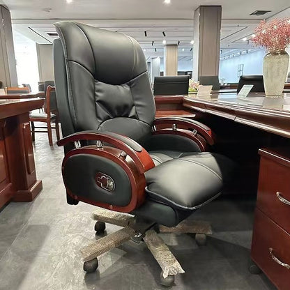 Luxurious Executive Recliner Office Chair |High Quality Black Leather CEO Boss Chair with Wooden Frame