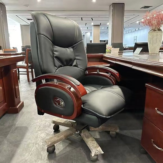 Luxurious Executive Recliner Office Chair |High Quality Black Leather CEO Boss Chair with Wooden Frame