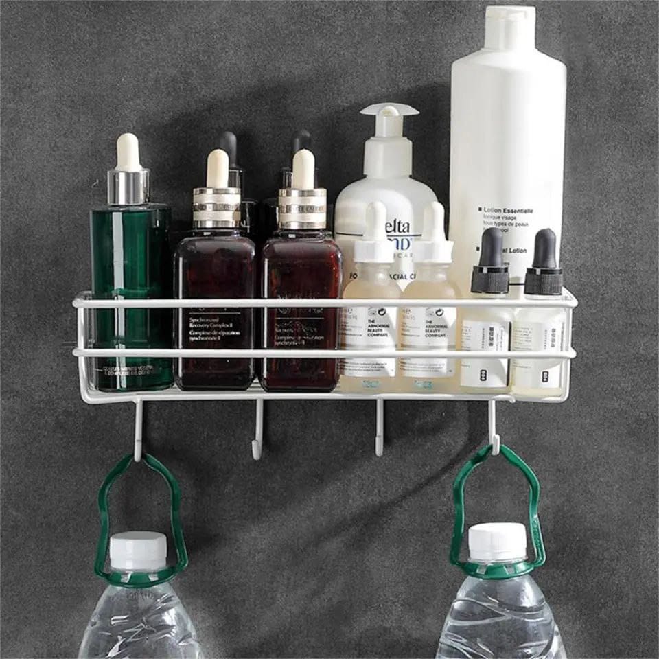 Punch Free Wall Mounted Floating Bathroom Organizer with Hooks | Metallic Shelf for Extra Storage