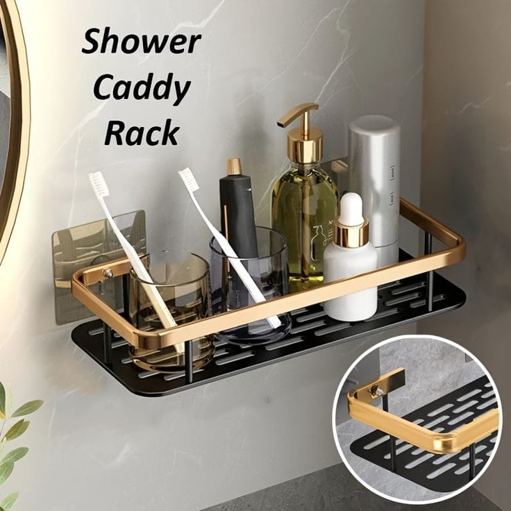 Wall Mounted Golden Black Bathroom Organizer | No Drilling Traceless Adhesive Shampoo Holder | Carbon Steel