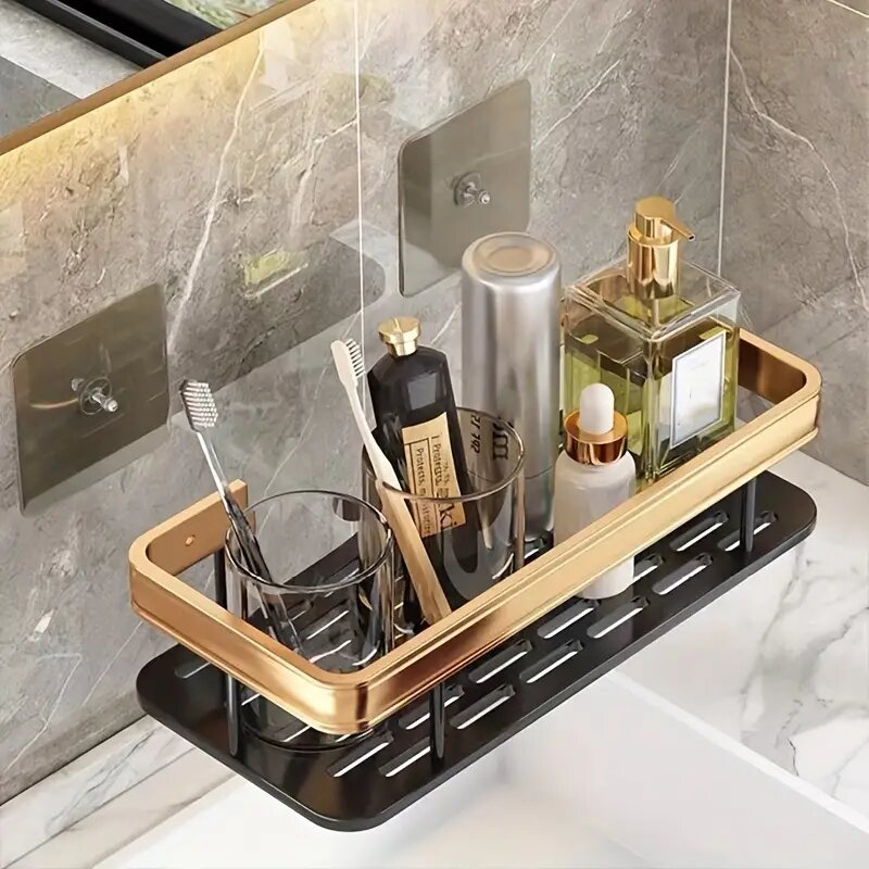 Wall Mounted Golden Black Bathroom Organizer | No Drilling Traceless Adhesive Shampoo Holder | Carbon Steel