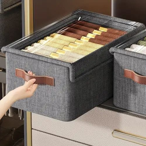 Collapsible Fabric Organizer with Cover | Space Saving Cotton Storage Box for Jeans, Hoodies, T-Shirts, and Sweaters | 50cm x 35cm x 24cm