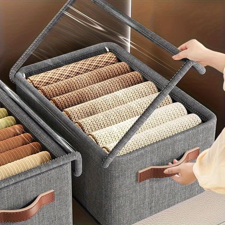 Collapsible Fabric Organizer with Cover | Space Saving Cotton Storage Box for Jeans, Hoodies, T-Shirts, and Sweaters | 50cm x 35cm x 24cm