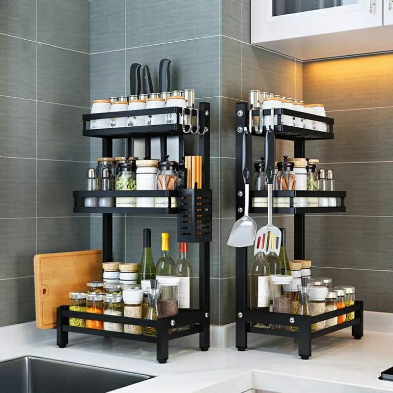 Multifunctional 3 Tier Stainless Steel Spice Rack | Kitchen Countertop Seasoning Organizer with Condiment Jars Storage | L32 x W21 x H60.5 cm