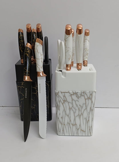 7 Piece Stainless Steel Kitchen Knife Set | Marble Textured Handle with Tool Holder & Grinding Stone