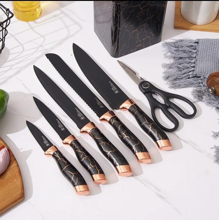 7 Piece Stainless Steel Kitchen Knife Set | Marble Textured Handle with Tool Holder & Grinding Stone