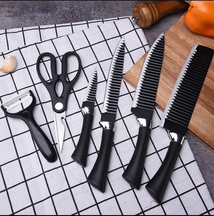 6 Piece Zepter Black Wavy Kitchen Knife Gift Pack | Non-Stick Stainless Steel Knife Set | Elegant Corrugated Design