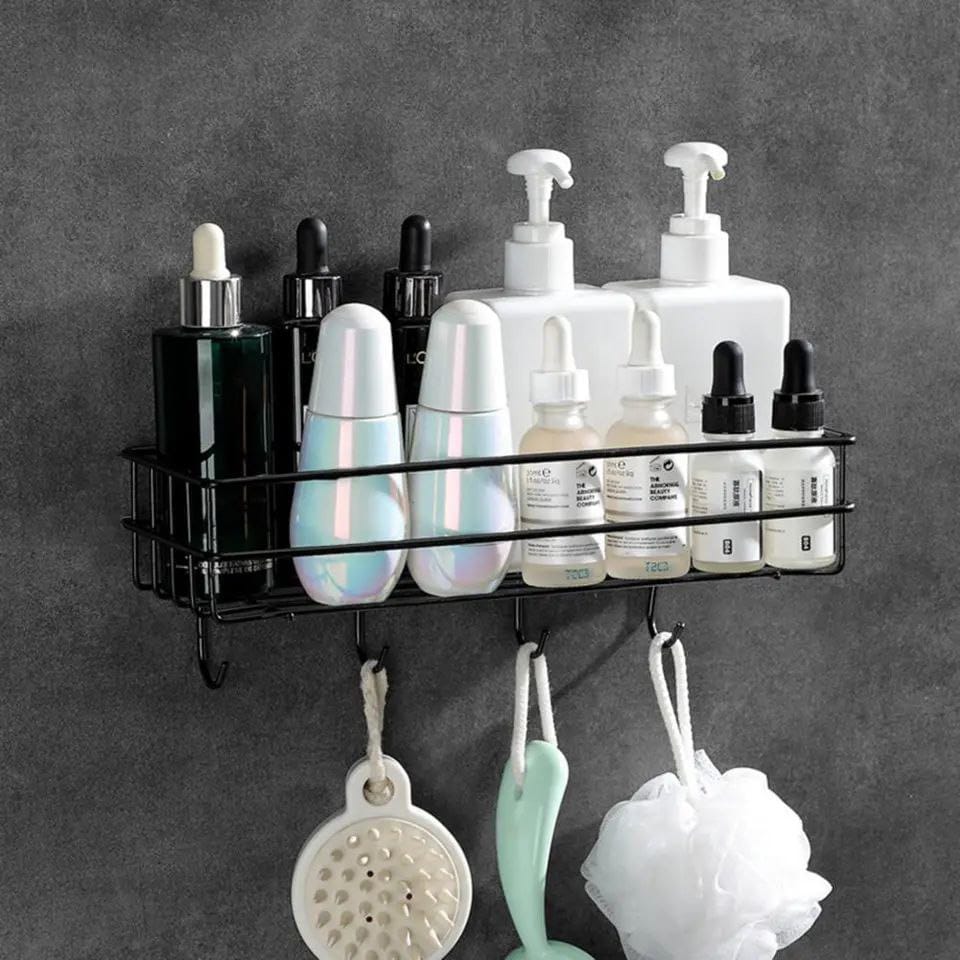 Punch Free Wall Mounted Floating Bathroom Organizer with Hooks | Metallic Shelf for Extra Storage