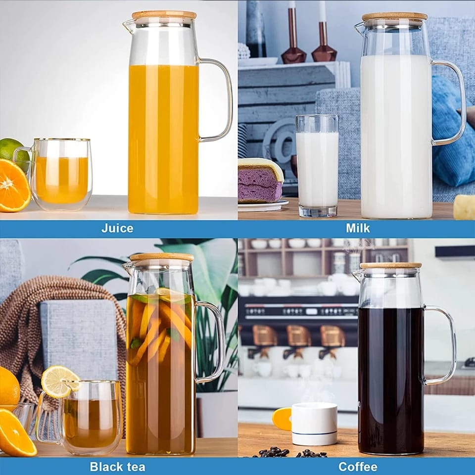 Heat Resistant Glass Jug with Airtight Bamboo Lid | 1.2L Clear Glass Beverage Pitcher