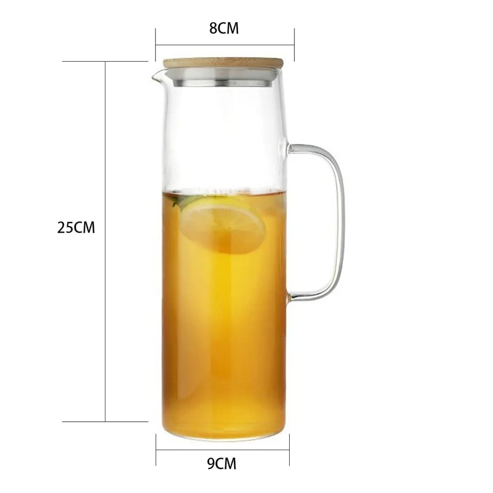 Heat Resistant Glass Jug with Airtight Bamboo Lid | 1.2L Clear Glass Beverage Pitcher