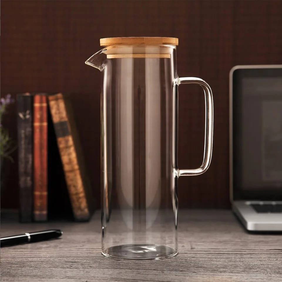 Heat Resistant Glass Jug with Airtight Bamboo Lid | 1.2L Clear Glass Beverage Pitcher