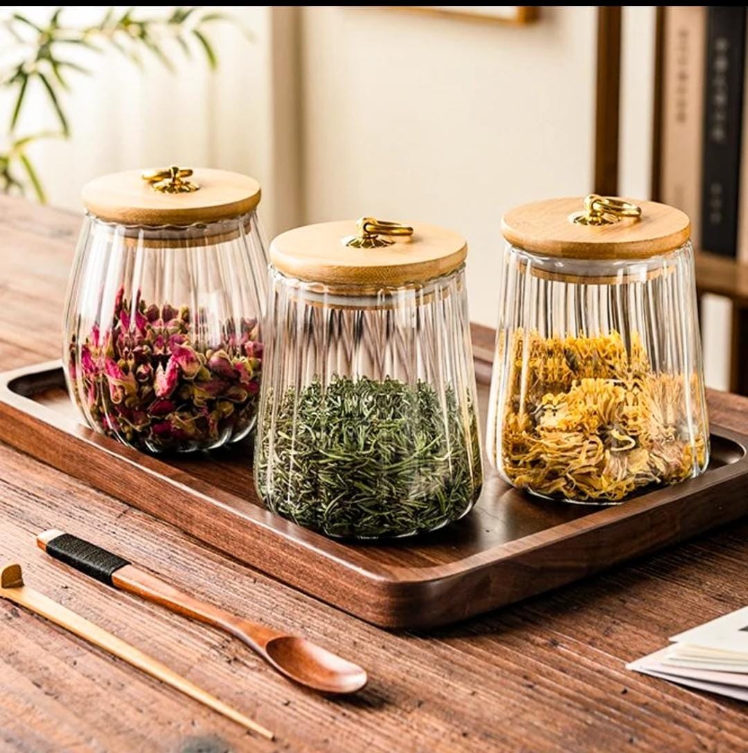 Transparent Glass Storage Containers with Bamboo Lid | 500ml Jars for Candy, Spices, and Tea Bags