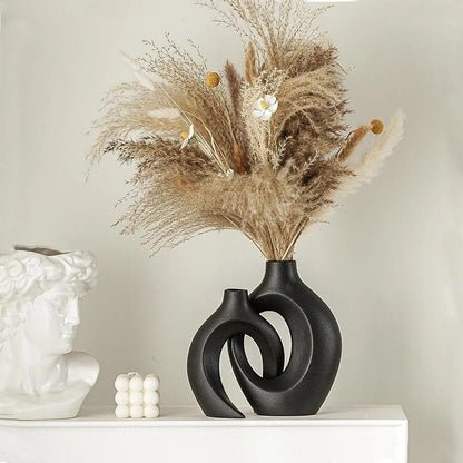 Nordic 2in1 Black Doughnut Vase | Irregular Geometric Shape Concrete & Ceramic Fire Vase | Stylish Home Décor