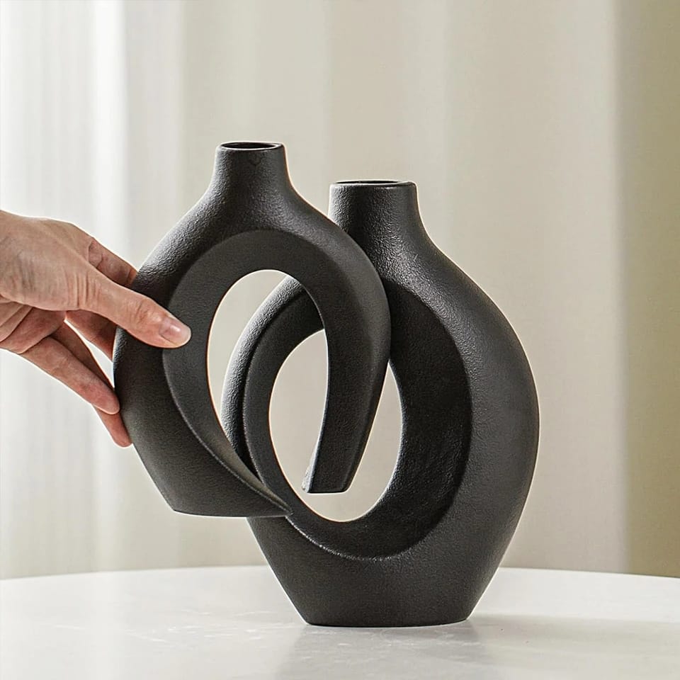 Nordic 2in1 Black Doughnut Vase | Irregular Geometric Shape Concrete & Ceramic Fire Vase | Stylish Home Décor