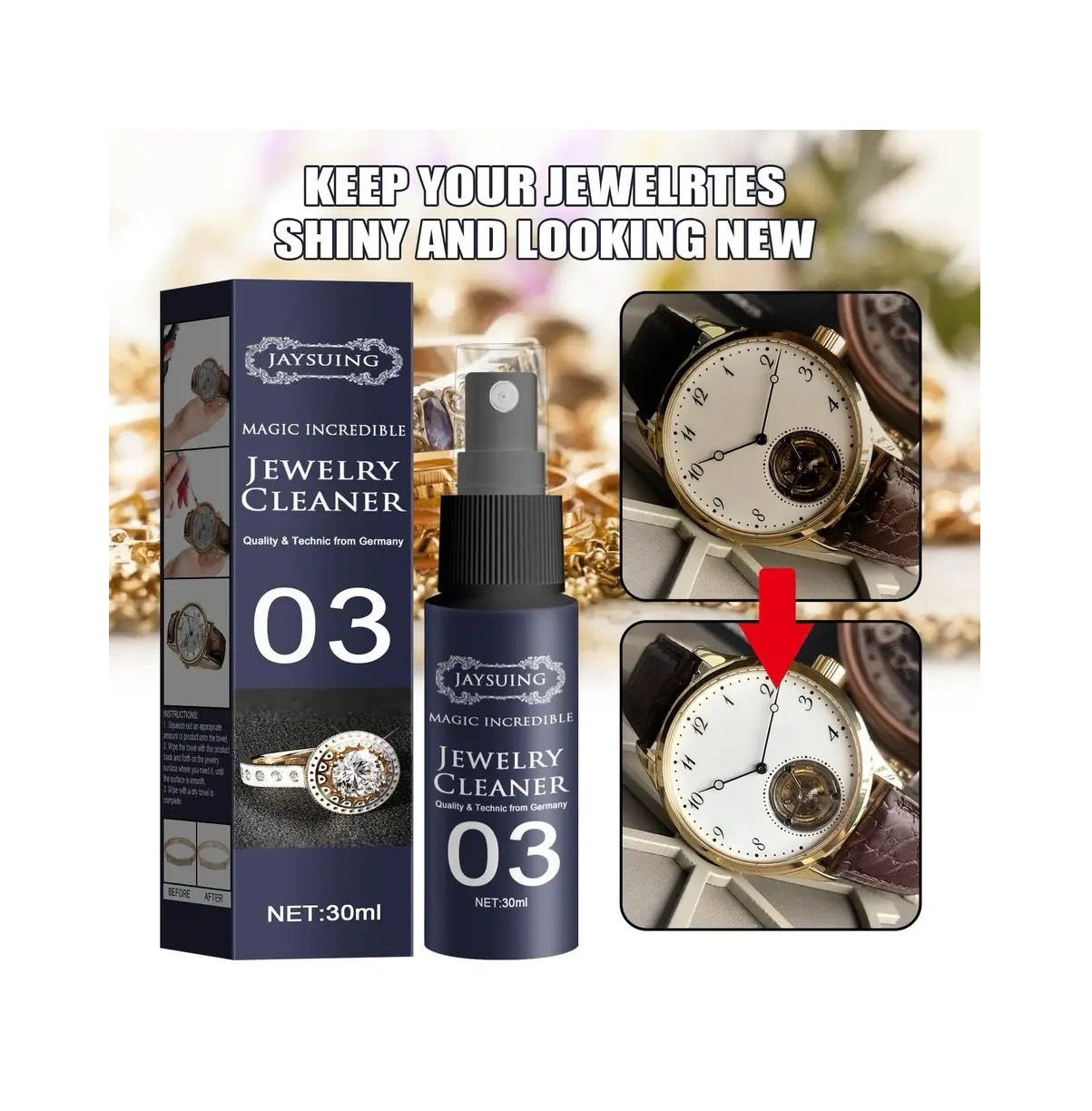 30ml Jewelry Detergent Cleaner | Gold Watch & Diamond Cleaning Spray | Effective Rust Removal & Decontamination