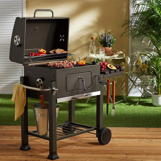 Outdoor Garden Barbecue Portable BBQ Grill | Large Charcoal Trolley Grill with Height Adjustable Tray & Removable Ash Collector