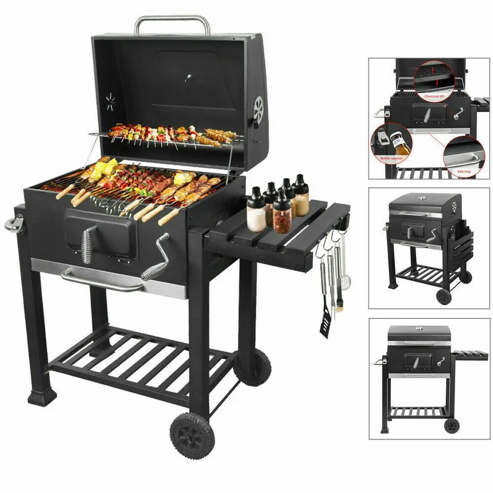 Outdoor Garden Barbecue Portable BBQ Grill | Large Charcoal Trolley Grill with Height Adjustable Tray & Removable Ash Collector