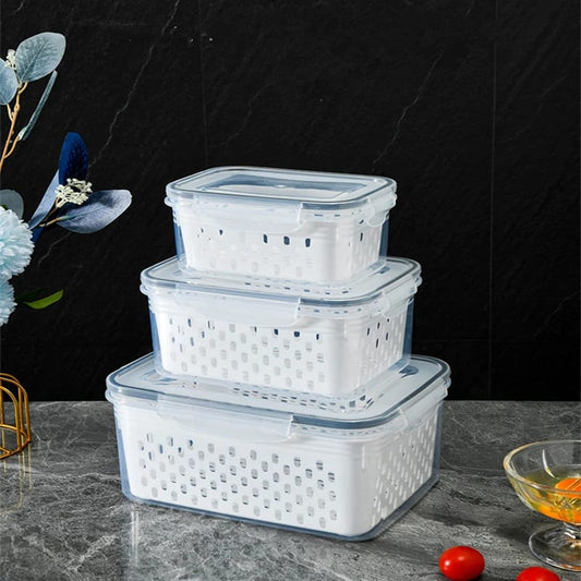 3 Piece Double Drain Basket Set | Microwave and Refrigerator Storage Container for Fruits and Vegetables | Fresh Food Storage Solution