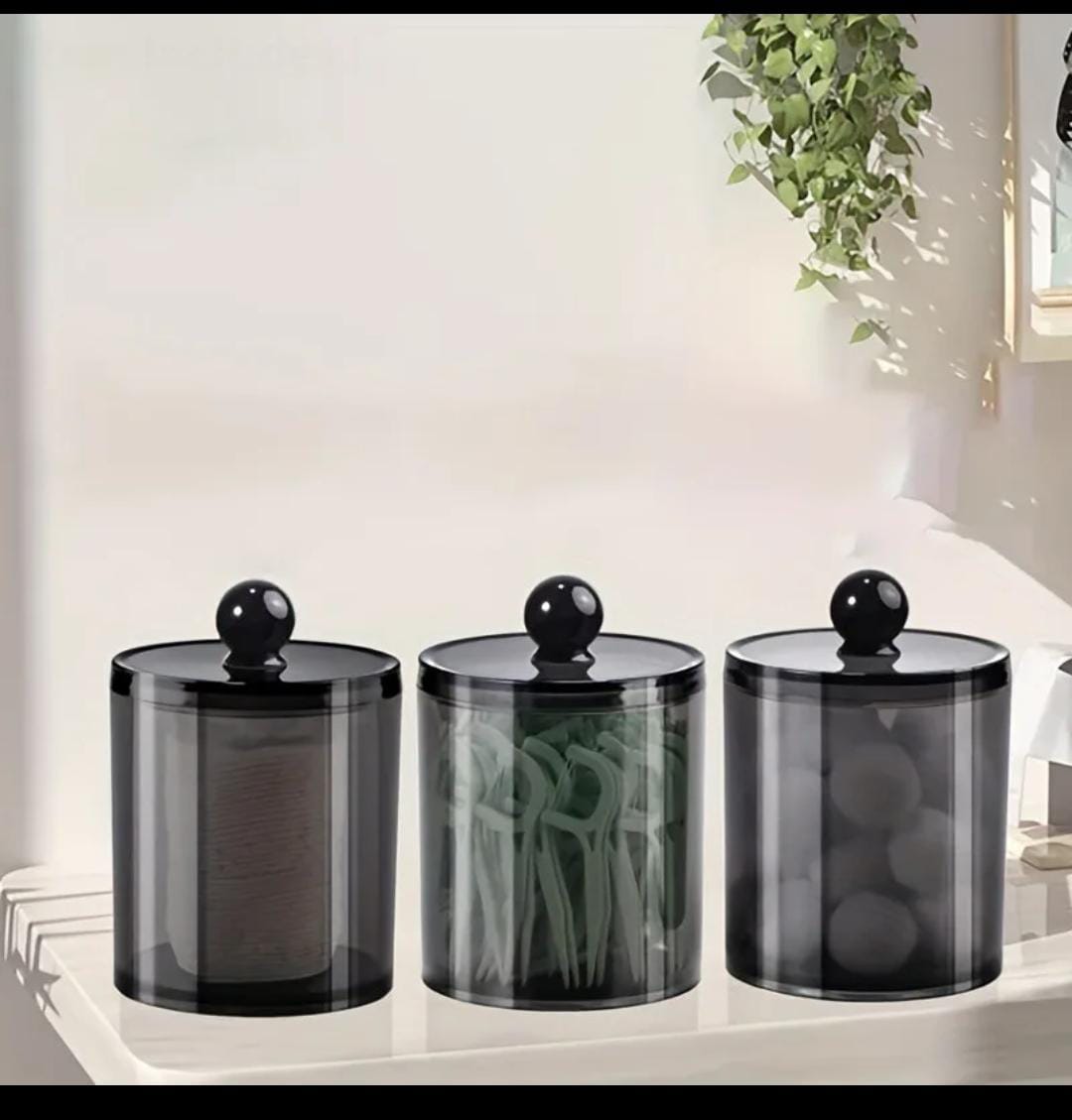 10 oz Bathroom Jar | Plastic Black Storage Dispenser Box with Lid | Cotton Swab Storage Container