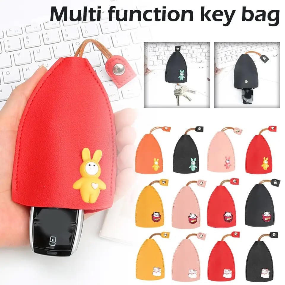 Cute Pull Out Key Case | Cartoon Animals Rabbit Cat PU Leather Key Wallet | Housekeepers Car Key Holder Case Leather Bag for Keys