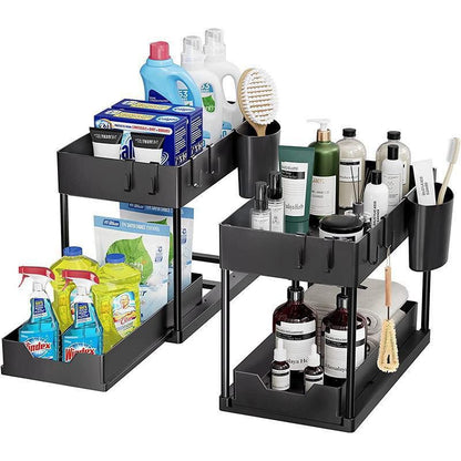 Multipurpose Stainless Steel Double Sliding Under Sink Organizer | 2 Tier Pull-Out Storage Rack for Kitchen & Bathroom | Plastic Layered Cabinet Organizer