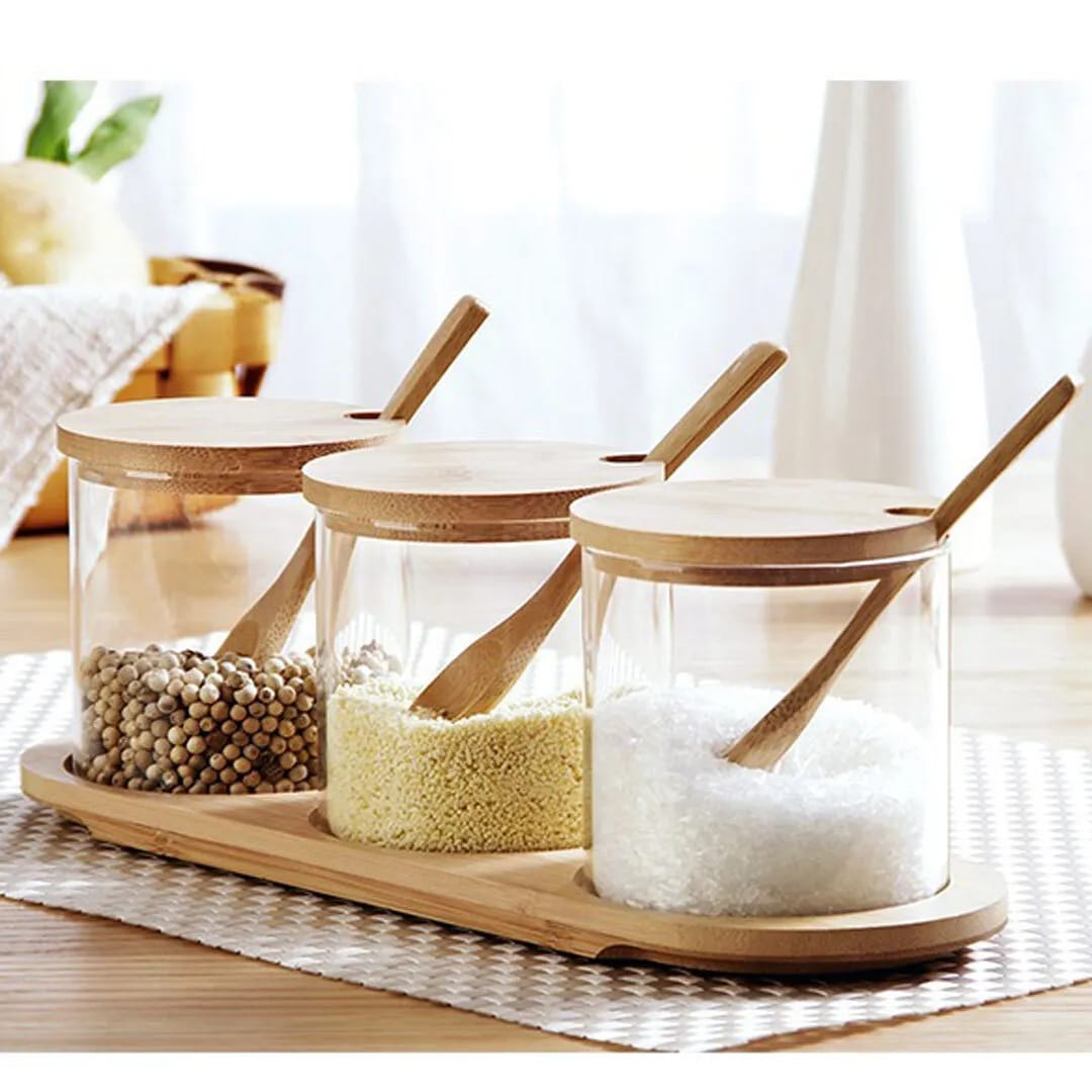 3 Piece Glass Spice Organizer Set with Bamboo Lids | With Rectangular Wooden Tray & Spoons | Kitchen & Home Spice Jar Storage