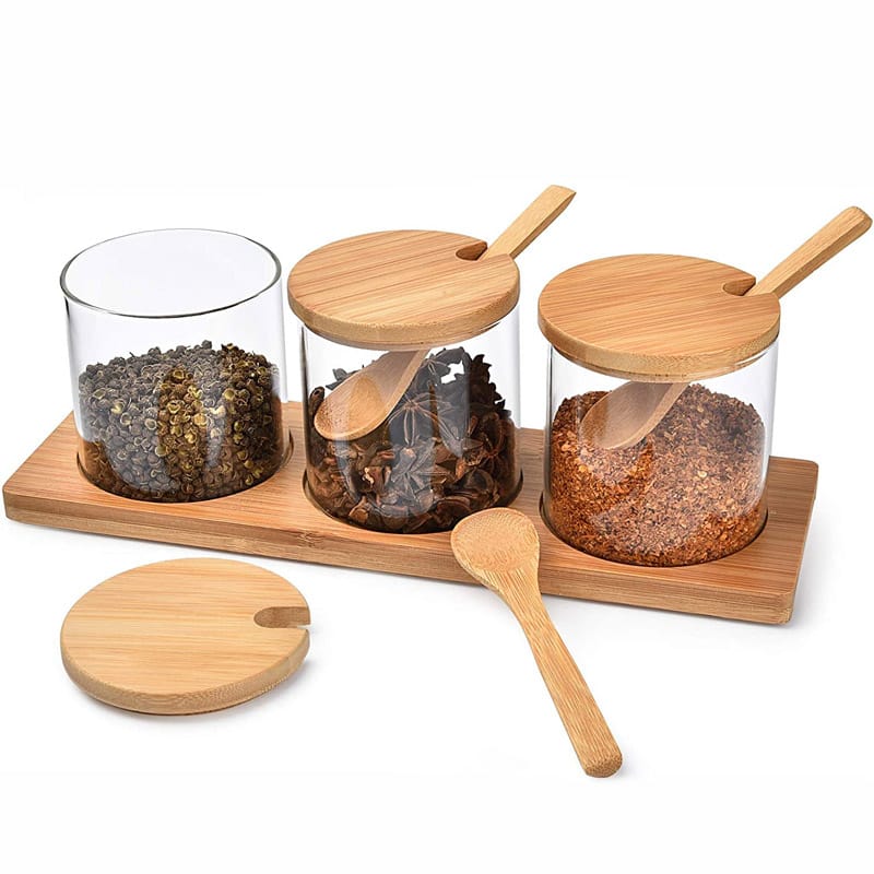 3 Piece Glass Spice Organizer Set with Bamboo Lids | With Rectangular Wooden Tray & Spoons