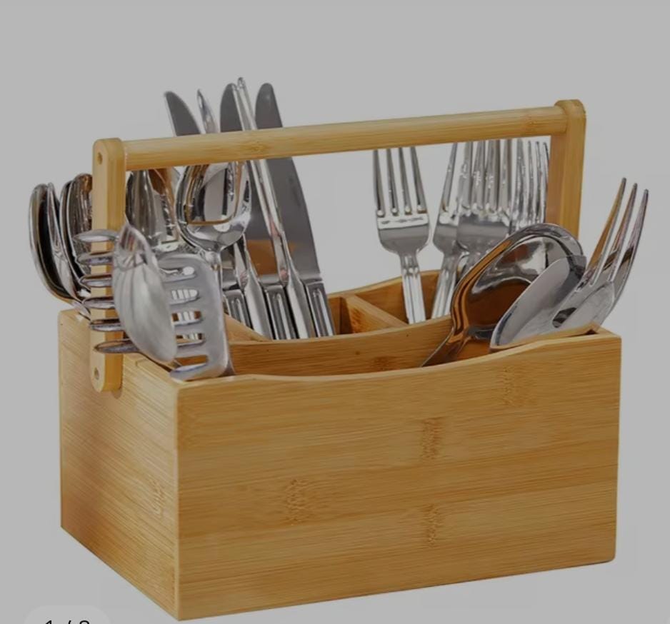 Portable Kitchen Cutlery Organizer with Handle | Bamboo Countertop Utensil Holder | 23x10x20cm