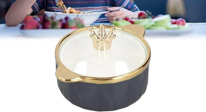 Gold Details Porcelain Hexagon Bowl with Cover | 1500ml Capacity | White/Black with Gold Accents