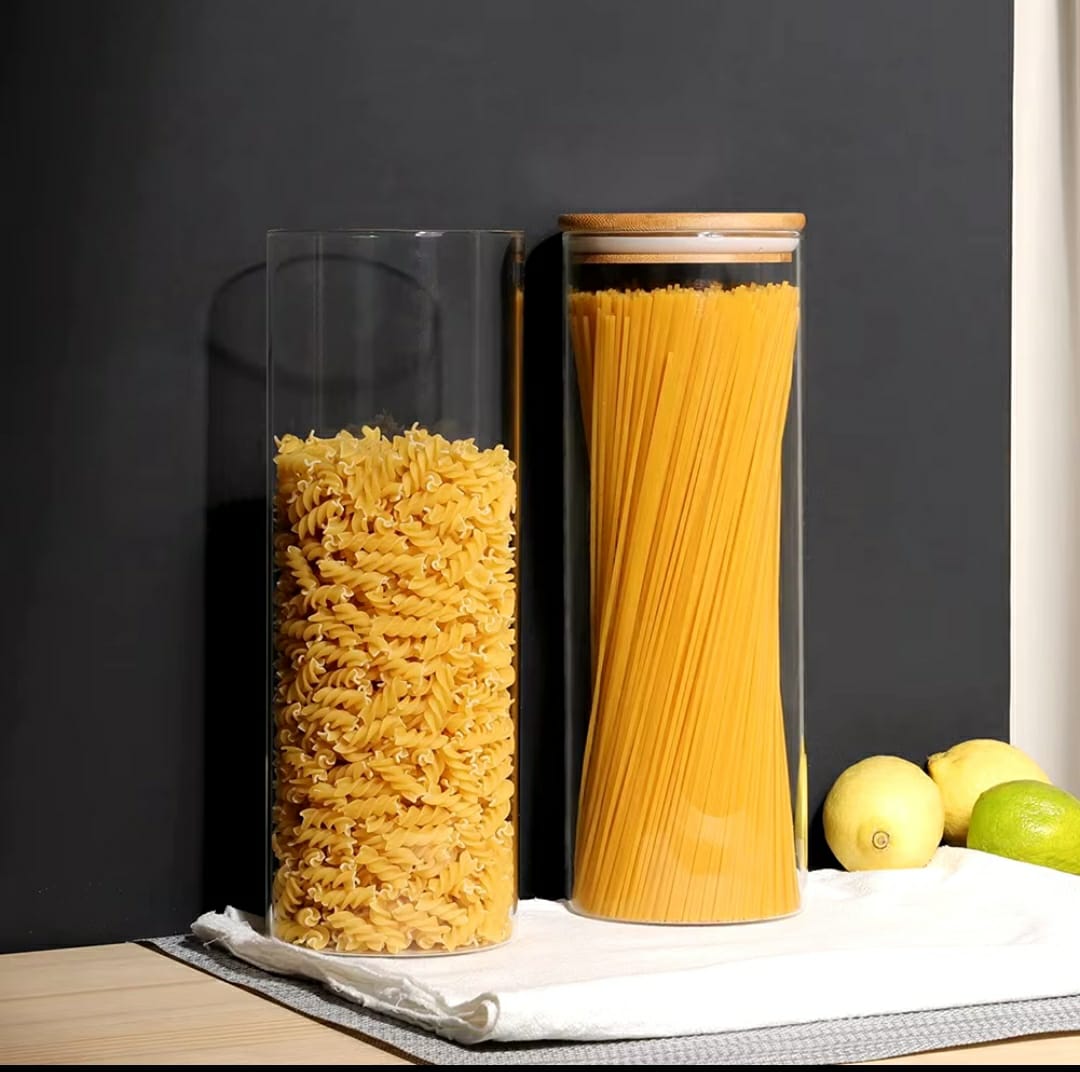 1pc Borosilicate Glass Spaghetti & Cereal Storage Jar with Bamboo Lid | 2000ml Airtight Kitchen Container