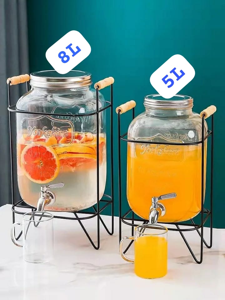 Glass Juice Dispensers with Metallic Stand | 8L & 5L Glass Beverage Dispenser for Parties | Clear Drink Dispenser with Spigot and Stand