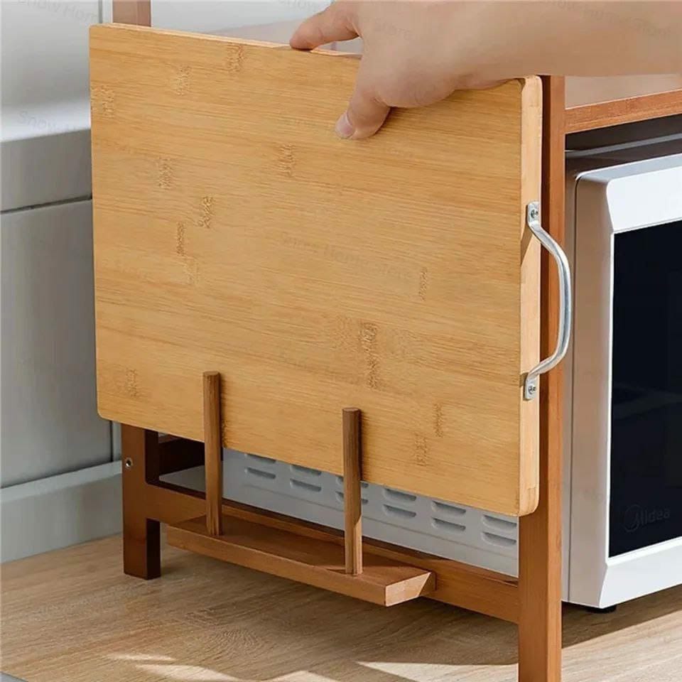 Wooden Multilayer Adjustable Microwave/Multipurpose Stand | Expandable Storage Shelf with Hooks and Chopping Board Holder