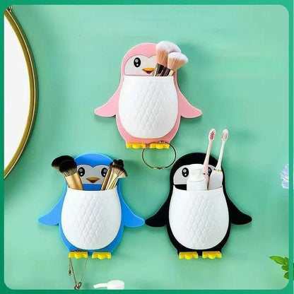 Creative Penguin Holder | Wall Mounted Organizer with Drain Hole | Punch Free Storage for Bathroom, Kitchen, or Living Room